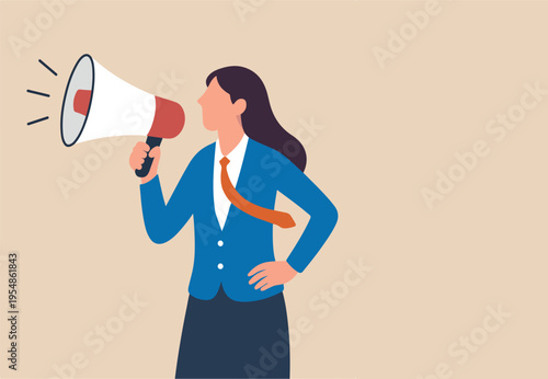 Speak up, communicate with confidence, telling the truth or presentation skill, storytelling, speaker, presentation or shout out concept, confidence businesswoman leader speak out loud on megaphone