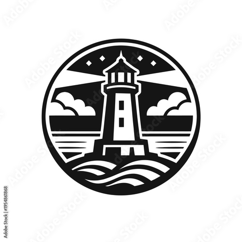 Monochromatic lighthouse emblem, a strong beacon cutting through the night above stylized waves and clouds, elegantly enclosed in a circular design. This vintage-inspired vector graphic represents mar