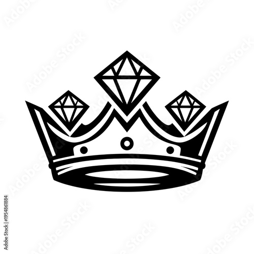 Elegant Black and White Crown Vector Illustration with Three Stylized Geometric Diamonds, Ideal for Royalty, Luxury Brand Logos, Fantasy Game Assets, Regal Emblems, or Majestic Design Elements Symboli