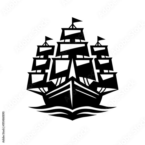 Powerful black silhouette vector of a multi-masted sailing ship, a classic galleon or tall ship, with full sails, gracefully riding ocean waves. Perfect for maritime logos, vintage branding, nautical