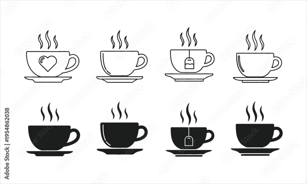 Fototapeta premium Set of coffee cup icons with steam, tea and coffee symbols