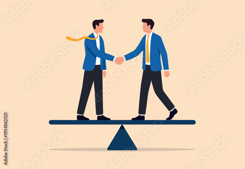 Negotiation for business winning, agreement or partnership deal for both benefit, merger and acquisition, professional talk concept, businessman handshake with success negotiation over balance seesaw