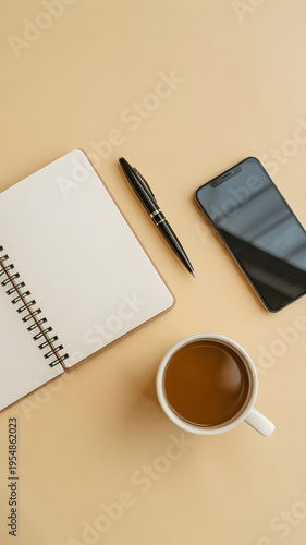 A clean, minimalist flat lay photograph of a modern workspace arranged on a warm beige background.