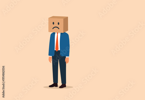 Unhappy employee or unsatisfied customer, depressed from overworked or business failure, anxiety or stressed from work, frustrated businessman covered with cardboard box with unhappy sad face.