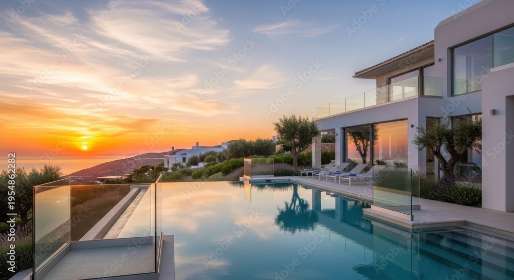 Fototapeta premium Luxury Modern Villa with Mediterranean Sea View at Sunset