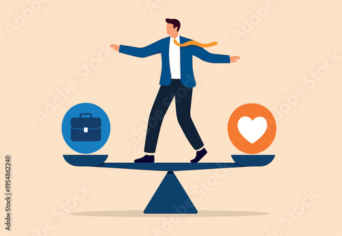 Work life balance, equilibrium or equality, concentration or stability, challenge or risk management concept, confidence businessman balance himself on stable weigh metaphor of life balance