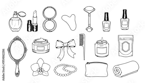 Beauty accessory icon set and cosmetic objects vector engraving style on white isolated background for salon branding design