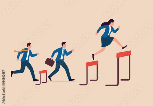 Gender inequality woman or female discrimination, unfair opportunity or unequal, obstacle or difficulty for woman leadership concept, businesswoman compete with men with more difficulty hurdles.
