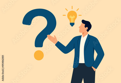 Solving problem, critical thinking root cause analysis to solution, answering question or success resolve issues, discover opportunity, creativity concept, businessman make idea from question mark