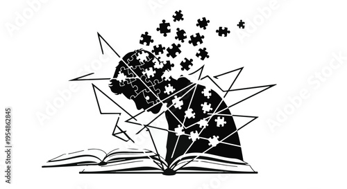 puzzle pieces coming out of a book