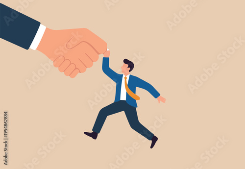 Trustworthy and honesty to believe in work together, integrity or trust for partnership, support and reliable to help success together concept, businessman acrobat hold hand tight by trusted partner