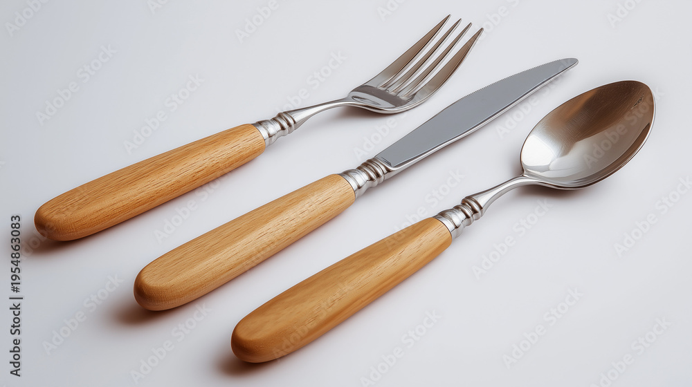 Fototapeta premium A set of silverware including a fork, knife, and spoon with smooth wooden handles is arranged on a clean white surface