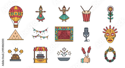 colorful festival icons set