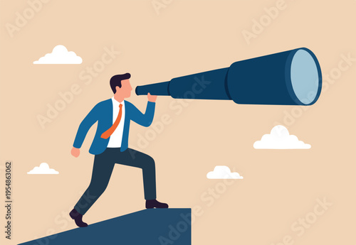  Long term plan or business strategy for far future, looking for opportunity, forecast and visionary, discover long term goal concept, businessman looking through oversized long telescope to see