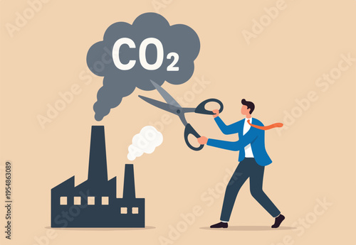  Reduce carbon footprint, decrease emission and pollution produce, global warming and environmental recovery plan concept, businessman country leader cutting CO2 carbon dioxide smoke from industrial