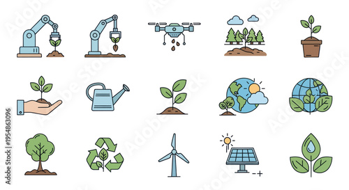eco friendly icons set, sustainable living, green technology