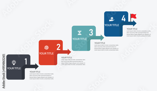 4-Step by step business process infographic with numbered stages timeline arrows and milestone concept for presentation design