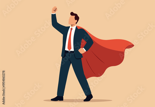 Superhero businessman with superpower to win business success, strength or power to control and finish work, confidence great responsibility, courage or strong positive attitude with fearless mindset