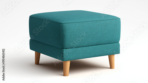 A teal upholstered ottoman with wooden legs stands on a white background