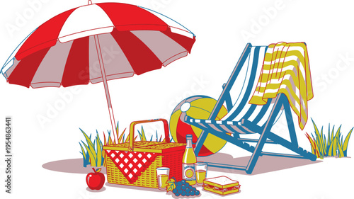 A colorful beach scene with a red and white umbrella, blue and white lounge chair, picnic basket, and beach ball on a sunny day.