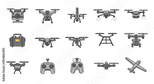 Drone Icons Set: Professional UAV Technology, FPV Racing, Agricultural, Military, and Delivery Drones Flat Line Vector Illustrations