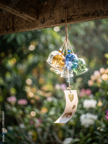 Colorful Glass Wind Chimes Hanging in a Sunny Garden with Bokeh