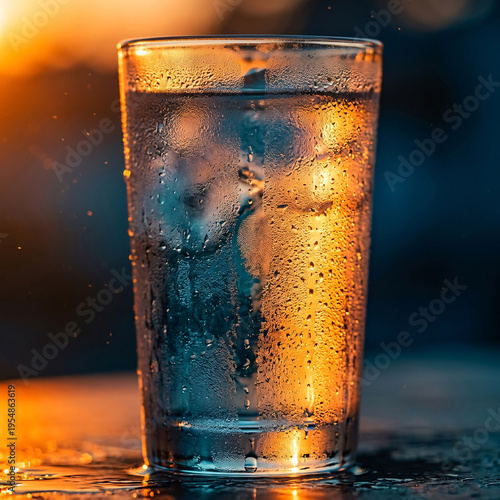 Cold Glass of Water with Condensation and Vibrant Sunset Lighting