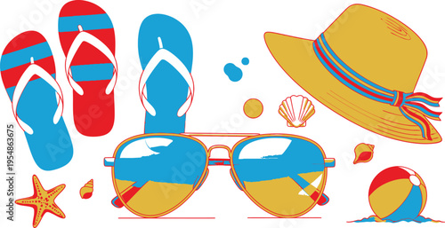 A colorful illustration of summer beach accessories including flip flops, sunglasses, hat, starfish, and beach ball on white background.
