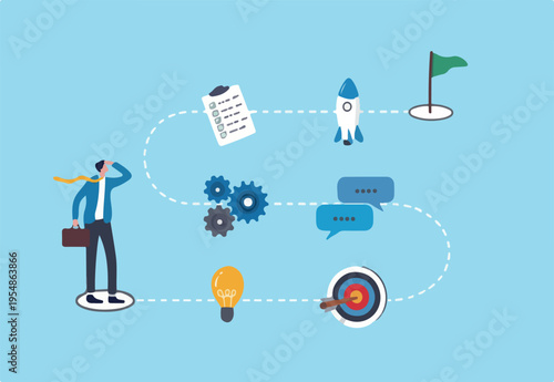 Winning plan to success, strategy step to reach success, career journey, project management or idea development, challenge, flowchart to succeed concept, businessman walk on winning plan