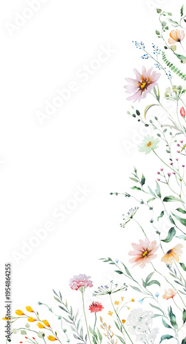 Floral border with watercolor wildflowers and leaves, hand drawn wedding illustration