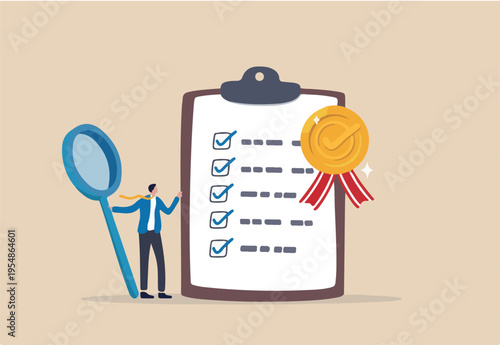 Standard, quality control or certified approval, corporate policy or compliance, guarantee checklist document, assurance concept, businessman hold magnifying glass with standard QC badge documents