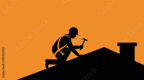 Silhouette of a roofer working on a house roof with a hammer and safety harness against an orange sky.
