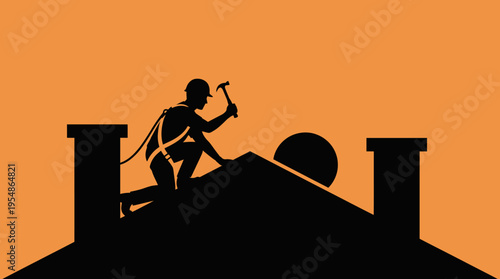 Silhouette of a roofer wearing safety gear and holding a hammer on a house roof with chimneys against an orange sky.
