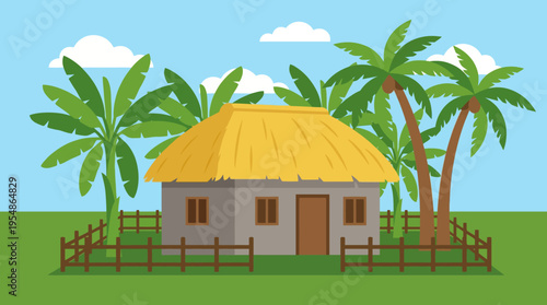 A simple traditional house with a thatched roof, surrounded by a wooden fence, palm trees, and banana trees under a blue sky.