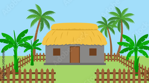 A simple cartoon illustration of a traditional hut with a thatched roof, surrounded by lush green palm and banana trees, enclosed by a wooden fence under a clear blue sky.