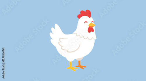 Cute cartoon white chicken with red comb and wattle standing happily on a light blue background.