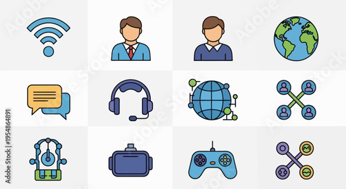 Technology Icons Set: Network, People, Earth, Chat, VR, Drone, Controls