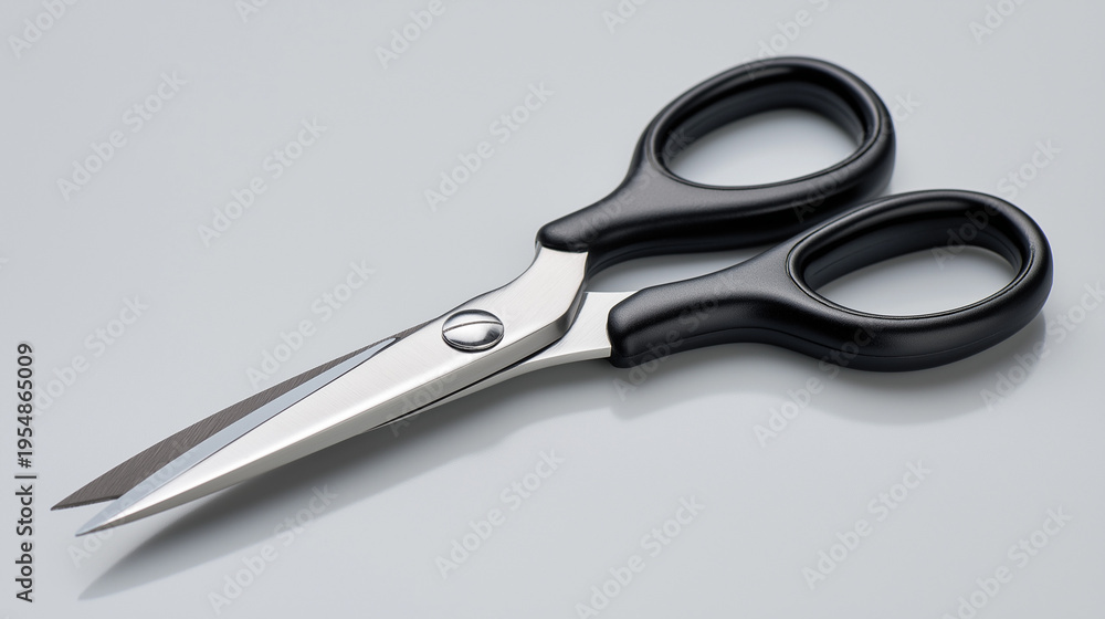 Fototapeta premium A pair of open scissors with black handles rests on a plain surface