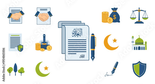 Islamic Finance Icons: Contract, Sharia Law, Halal Investment & Business