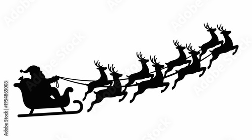 Silhouette of Santa Claus in his sleigh pulled by a team of flying reindeer against a white background, depicting a classic Christmas scene.