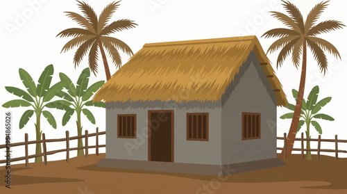 An illustration of a simple rural house with a thatched roof, surrounded by tropical palm trees and banana plants, enclosed by a rustic wooden fence.