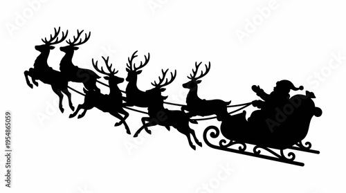 Silhouette of Santa Claus in his sleigh pulled by six reindeer, a classic festive Christmas scene.