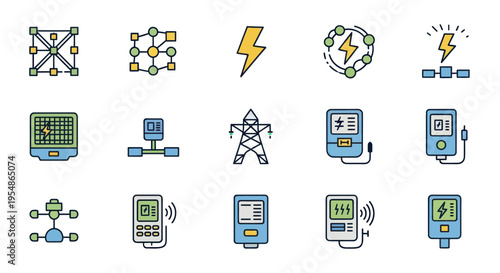 Smart Grid Technology Icons: Energy Network, Electricity, Power Meter, Data Transfer