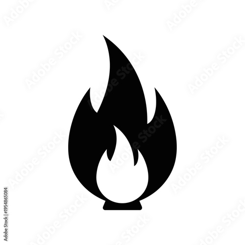 Illustration of a single black flame icon, symbolizing heat, energy, fire, and warmth. A simple, bold graphic representation perfect for digital or print use