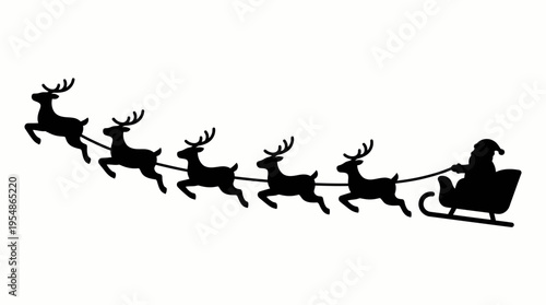 Black silhouette of Santa Claus in his sleigh pulled by six flying reindeer against a clean white background, depicting a classic Christmas eve scene.