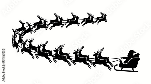 Silhouette of Santa Claus in a sleigh pulled by a long team of flying reindeer, forming a curved line against a white background.