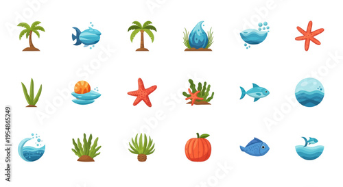 Ocean Life Icons: Fish, Starfish, Palm Trees, Water Elements