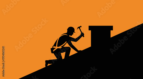 Silhouette illustration of a roofer working on a sloped roof near a chimney, holding a hammer against an orange sky.