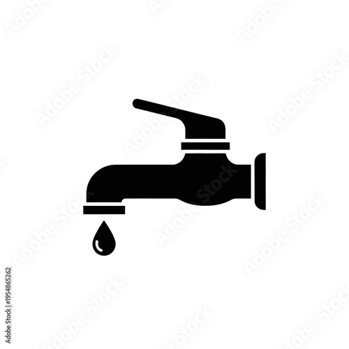 Black silhouette of a water faucet with a single drop falling from the spout, representing water conservation or a plumbing service, set against a white background