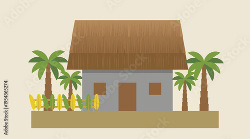 A simple, flat illustration of a tropical house with a thatched roof, palm trees, and green plants in a minimalist style.